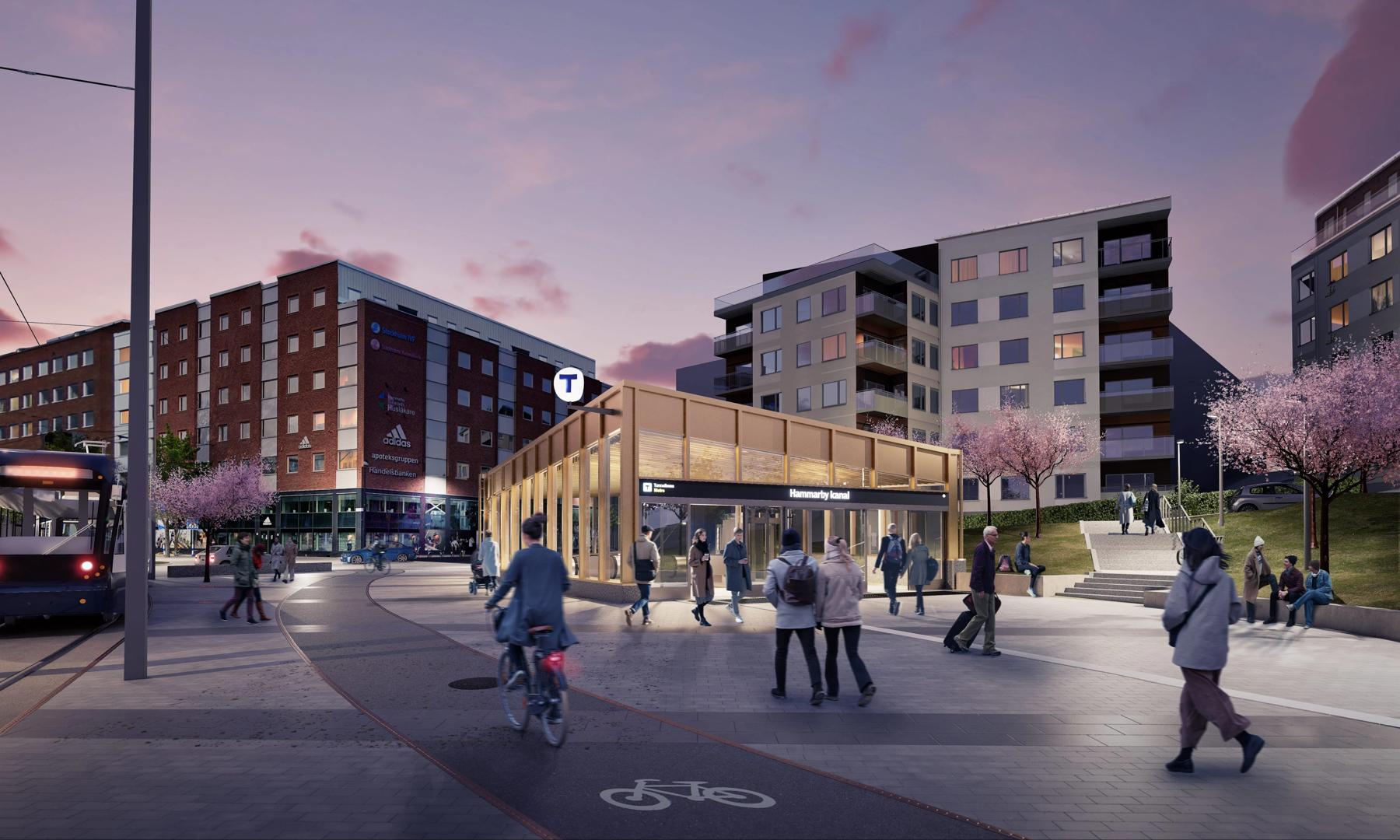 Tunnelbanans blå linje med uppgångar vid Mårtensdal och Luma, planerad trafikstart 2030.